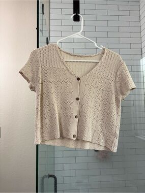 Beige Crochet Knit Button-Front Crop Top